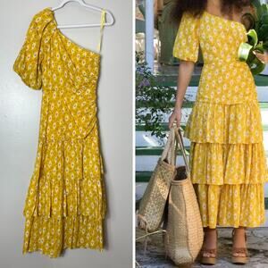 VERONICA BEARD DRESS 4 YELLOW FALL WEDDING GUEST TIERED RUFFLE BOHO CHIC WESTERN